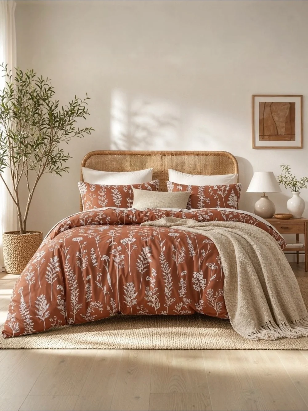 NEW West Elm Red Queen / King Size Comforter Botanical Print Bedding Sham Set